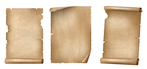 Set of Ancient Paper or Parchment Scrolls, realistic vector illustration