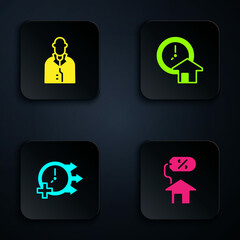 Set House with percant, Realtor, Clock and Time is money. Black square button. Vector
