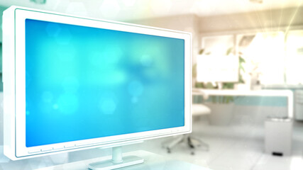beautiful mockup - blue screen monitor in office with free place . creative object 3D illustration