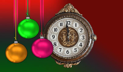 Kompozycja graficzna na nowy rok z zegarem i bombkami