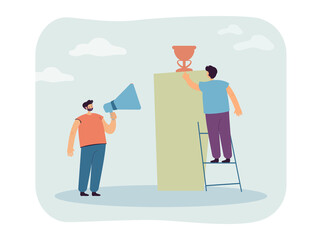 Man with megaphone cheering for friend reaching for prize. Male character of ladder getting reward flat vector illustration. Referral program, success, support concept for banner or landing web page