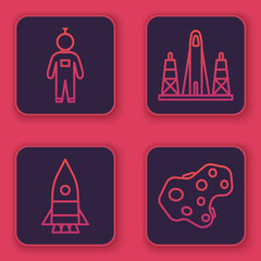 Set line Astronaut, Rocket ship, Rocket launch from the spaceport and Asteroid. Blue square button. Vector