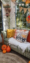 Jesienne dekoracje z dyń, kolory jesieni w domu, jesienny klimat w domku na wsi, pokój w stylu...