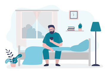 Male character sitting on bed with phone. Man woke up and immediately checks social networks