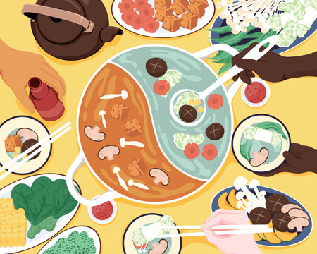 Overhead of people eating asian vegetable hotpot