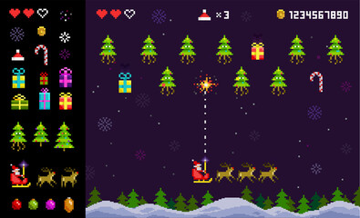 Merry Christmas pixel art retro game with Santa Claus vs christmas trees invaders. 8-bit vintage style Christmas game icons set. Pixelated Space arcade Holiday edition shooter vector template © VRTX