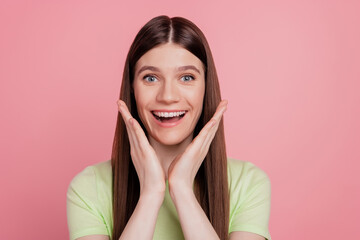 Close up photo portrait of young girl excited happy smile omg wow news reaction isolated bright color background