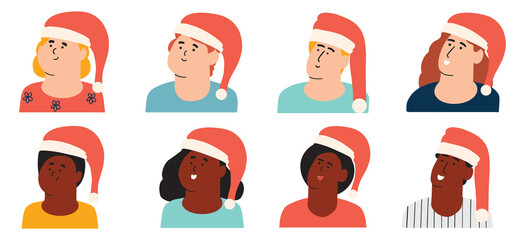 Set of characters with a Christmas red hat. Happy European and African American family. Vector illustration in flat style