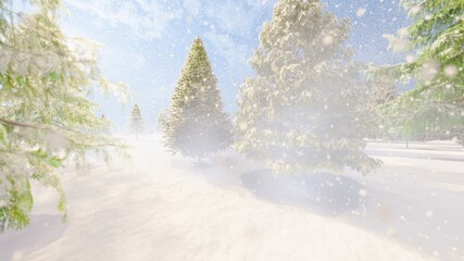 Christmas winter background snowflakes falling down on fir-trees bokeh 3d render