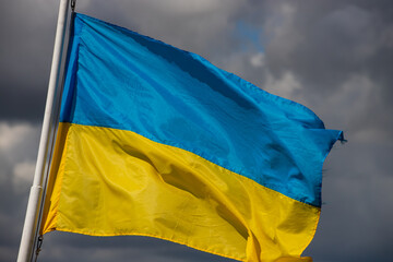 Ukraine flag waving on the wind against the blue sky