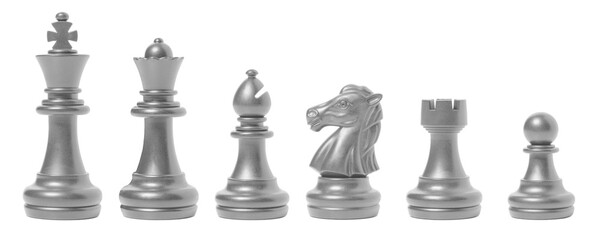 isolated silver chess set chess piece king, queen, bishop, knight horse, rook, pawn on white background. business, competition, strategy, decision concept.