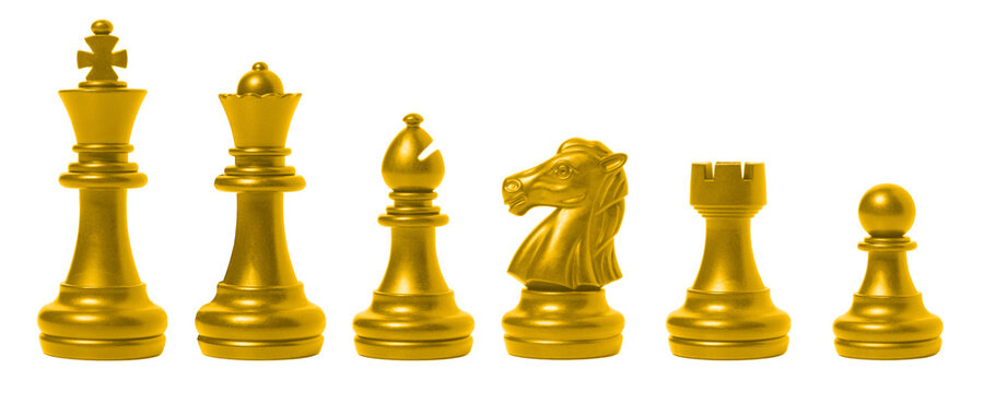 Isolated Gold Chess Set Chess Piece King, Queen, Bishop, Knight Horse, Rook, Pawn On White Background. Business, Competition, Strategy, Decision Concept.