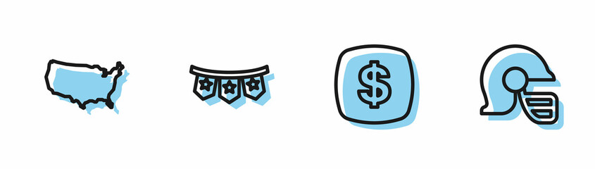 Obraz premium Set line Dollar symbol, USA map, Carnival garland with flags and American football helmet icon. Vector