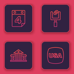 Set line Calendar with date July 4, White House, American football goal post and USA Independence day. Blue square button. Vector