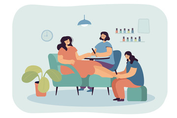 Manicure and pedicure for female client in spa salon. Nail technician making hygiene procedures for lady sitting at table of parlor interior flat vector illustration. Beauty treatment service concept