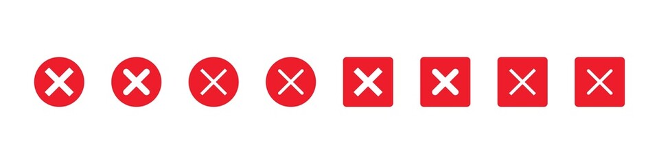 Red cross icon. Red x sign set. No symbol mark, wrong sign vector button. X shape cross for checkbox or box isolated on white background.
