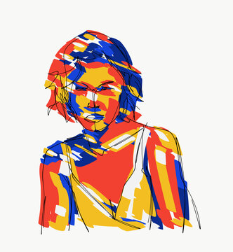 Illustration with colorful paints of stylish woman looking at camera