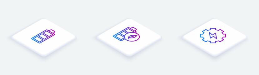 Set Isometric line Battery charge, Eco nature leaf battery and Gear and lightning. White square button. Vector