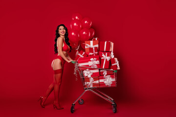 Photo of satisfied lady drive cart many balloons presents wear lace lingerie bra stilettos isolated...