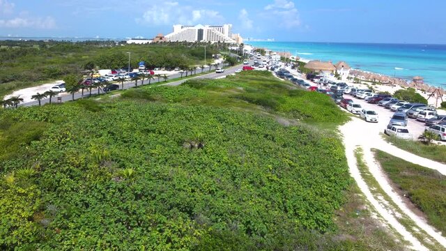 Aerial Drone Point Of View Of The Cancun Hotel District In Quintana Roo, Mexico