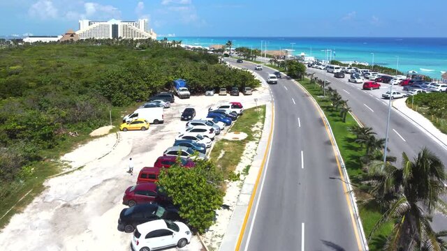 Aerial Drone Point Of View Of The Cancun Hotel District In Quintana Roo, Mexico