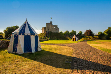 Norman Keep, with tents in the foreground Cardiff Castle,Panoramic, Autumn, Cardiff, Wales, UK