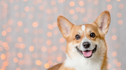 Portrait of a Pembroke Welsh Corgi dog on festive background. Empty space for text