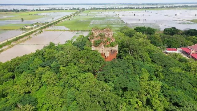 Aerial pan around Angkor Borei temple in Cambodia.