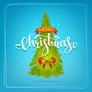 Christmas cartoon calligraphy with creative christmas tree and snowflakes vector illustration. Vintage Merry Christmas greeting card or label design. Decorative christmas tree on blue background