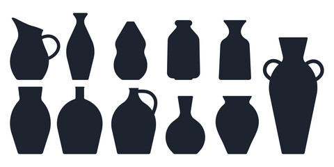 Set of acient ceramic vases silhouettes. Black stamps of wine jar, amphora, urn, vase, pot, pitcher. Collection of handmade ceramics stencils. Pottery elements. Vector illustration in flat style