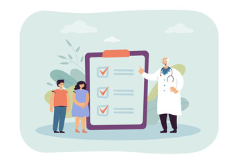 Elderly doctor and kids next to list of recommendations. Medical professional prescribing medication for children flat vector illustration. Health, pediatrics concept for banner or landing web page