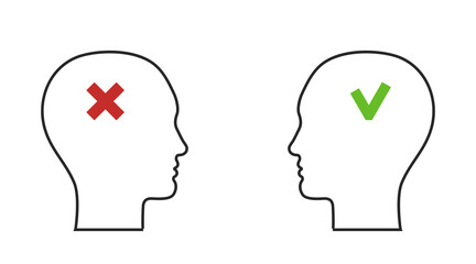 Positive and negative mindset. Human head icons with tick and cross.