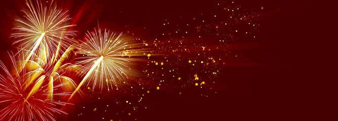 Horizontal panoramic banner with fireworks for anniversary, new year, event and festival. Dark red...