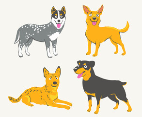 set of cartoon drawing dogs with happy expressions, vector