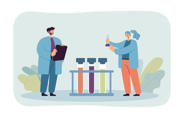 Scientists researching with test tubes in laboratory. Tiny researchers working on scientific experiment flat vector illustration. Science concept for banner, website design or landing web page