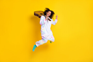 Full body photo of young black woman happy positive smile show rock sign music lover guitarist...