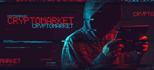 Cryptomarket concept with faceless hooded male person