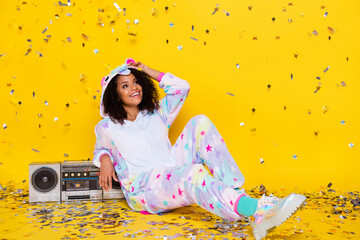 Full body photo of young black woman happy positive smile retro boombox party confetti isolated...
