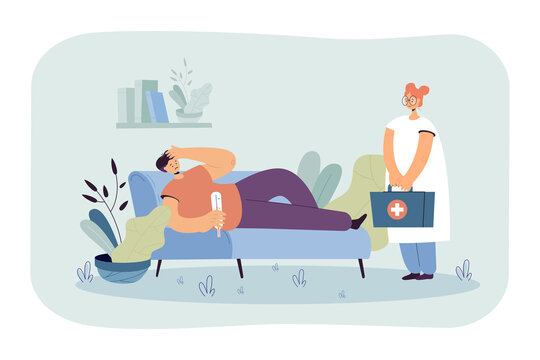 Home visit of doctor physician to sick patient. Man with headache lying on couch with thermometer flat vector illustration. Medicine, health care concept for banner, website design or landing web page
