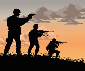 squad soldiers sunset scene