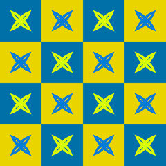 Blue and yellow square cells with crosses on them of the opposite color.