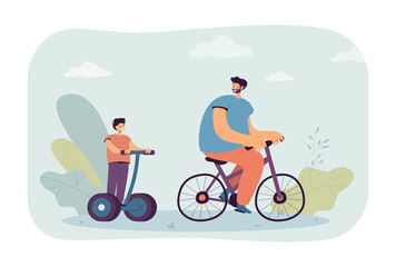 Cartoon dad riding bike and son on personal electric transport. Man and boy using ecological transport outside flat vector illustration. Family, outdoor activity, transportation concept for banner