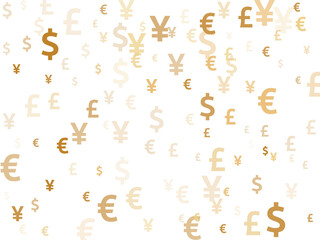 Euro dollar pound yen gold icons scatter currency vector illustration. Profit growth pattern.