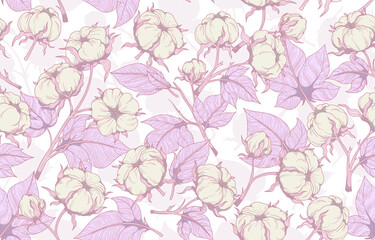 Vector seamless pattern of cotton flowers in soft pink shades. Cotton branches with leaves are suitable for fabric, textiles, clothing, web pages, wallpapers, backgrounds