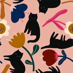 Hand-drawn decorative animal seamless pattern. Cute fat black cats and flowers in retro style. Floral pattern design for fabric or wallpaper.