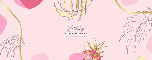 Minimal background in pink colors with golden elements and outline tropical plant leaves or plant. Modern patterns with elegant luxury aesthetics cover design. 
