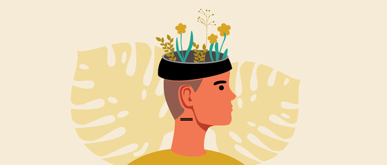 Non-binary person, mental health, flat vector illustration with leaves, plants in the head as a concept of mental health, personality disorder and identification of a non-binary person