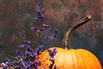 È Halloween: still life con zucca, foglie e fiori autunnali