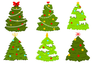 Christmas tree set. Can be used for greeting card, invitation, banner. Christmas trees isolated on white background. Vector illustration