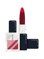 Image of red lipstick and red nail polisher no background.